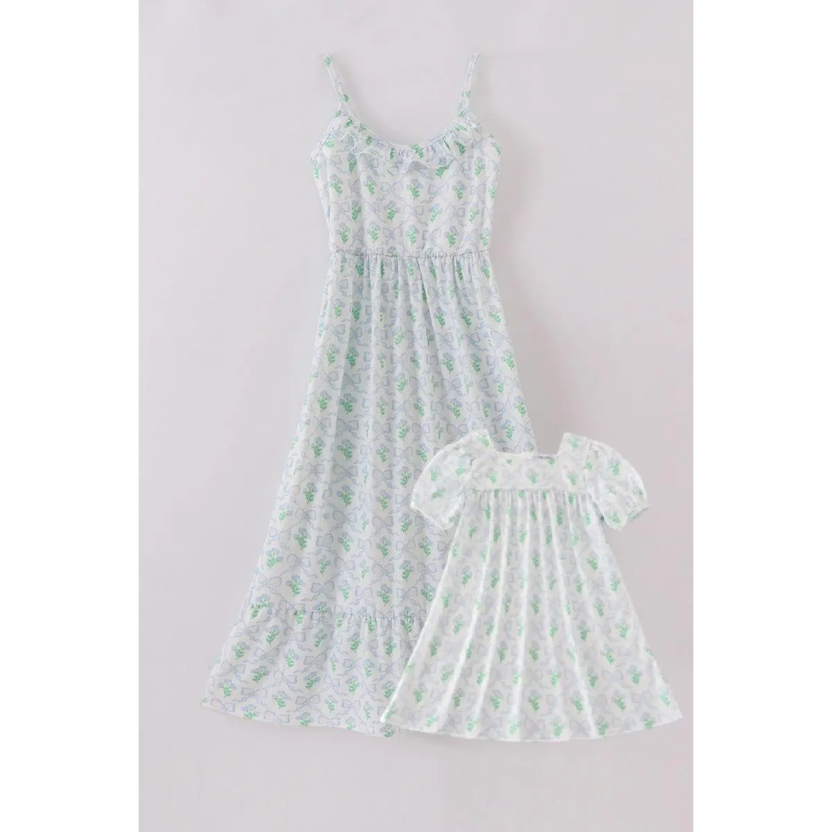 Women's & Kids' Cotton-Spandex Boutique Green Leaf Bow Print Everyday Family Twinning Dress Set, Comfortable Matching Outfits