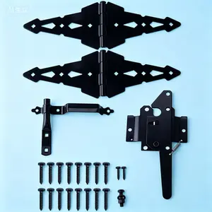 Heavy Duty 8 Inch Decorative Strap Hinges and Spring Loaded Latch Kit for Outdoor Fence Swing Gate - Black Finish Hardware Set with Screws - Rust Resistant - Weatherproof - Easy Installation