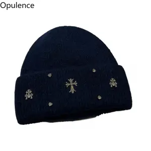 Winter Cross Knitted Beanie | 100% Artificial Plush | Light Luxury Colored Rhinestones | Warm Soft Earmuff Hat for Outdoor | Easy Maintenance