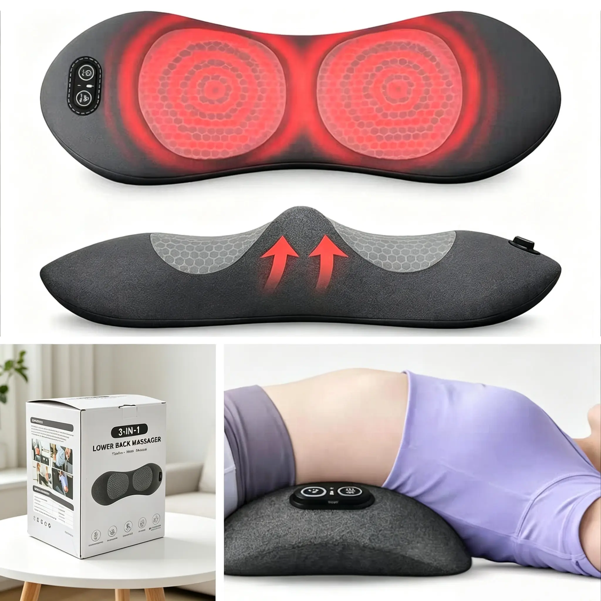 3-in-1 Multi-Functional Heated Vibration Massage Lumbar Support Cushion - Stretching, Deep Tissue Muscle Therapy, Back Relief, Car & Home Use, Dark Gray Textile Therapy Cushion