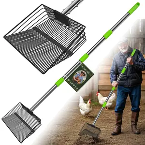 12inch Large Chicken Poop Scooper，2 Widths of Slots Litter Sifting Shovel （23 to 66"），Chicken Litter Scooper with Stainless Steel Handle, 4 in 1 Multifunctional Heavy Duty Chicken Coop Accessories
