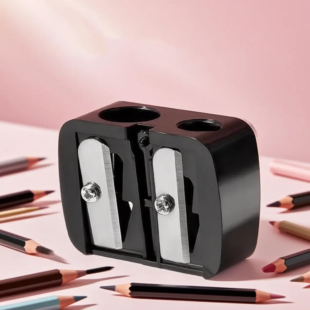 Dual Hole Eyebrow Pencil Sharpener, Makeup Sharpener with Shavings Container for Eyebrow, Eyeliner & Lip Pencils