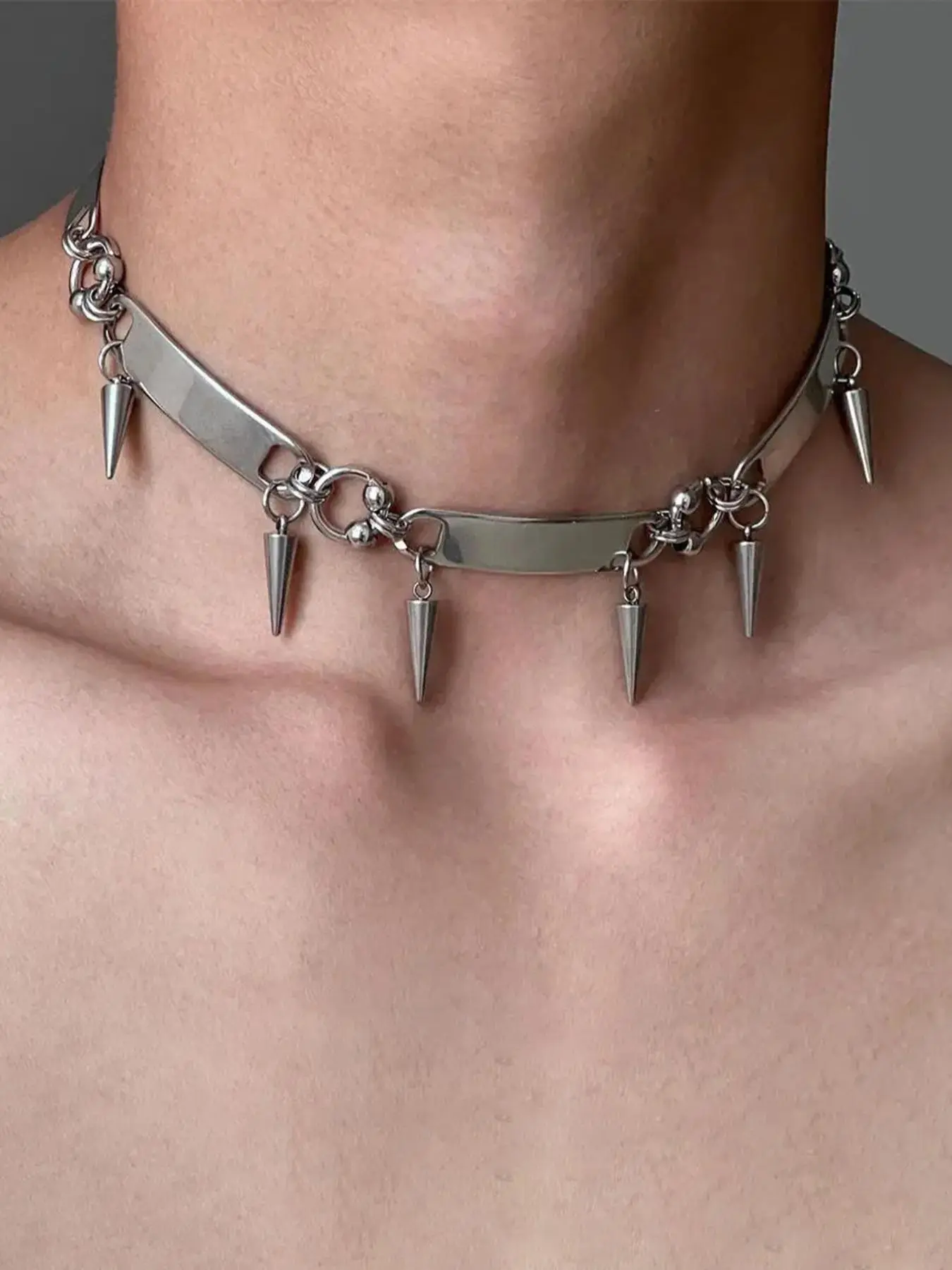 Punk Style Studded Decor Chain Choker, Stainless Steel Metal Punk Style Choker, Fashion Jewelry Accessories for Men & Women As Gift