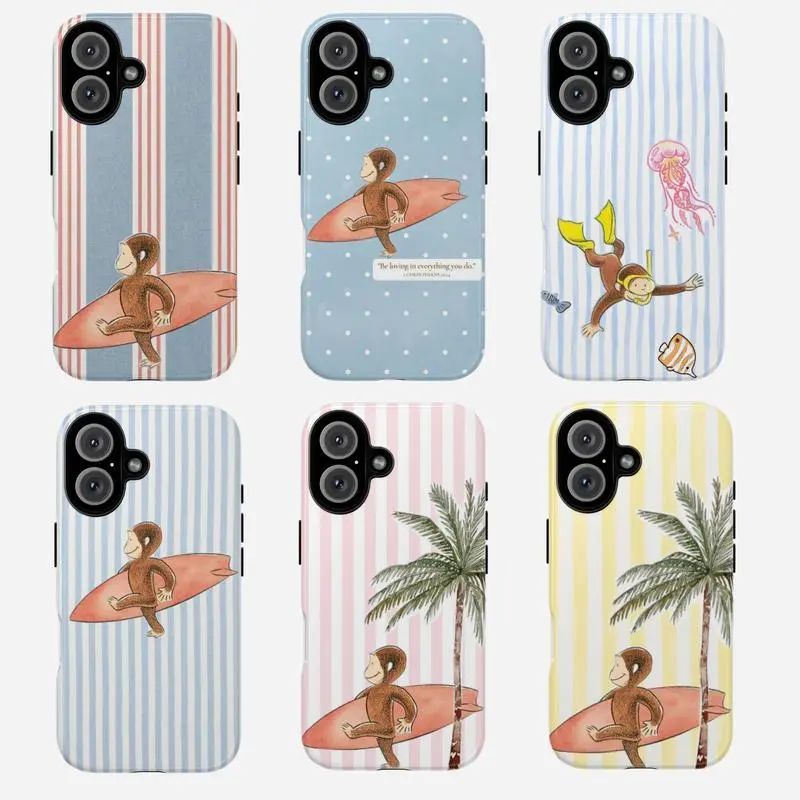 Shockproof Polycarbonate Curious George Surfing Monkey Cartoon Beach Smartphone Case, Durable Cute Cellphone Casing, Kids' Mobile Phone Accessory Gift