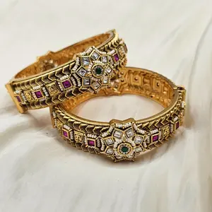Heritage Collection Kundan Kadas - Elegant Gold-Toned Bangle with Intricate Design and Gemstone Accents for Casual & Formal Wear