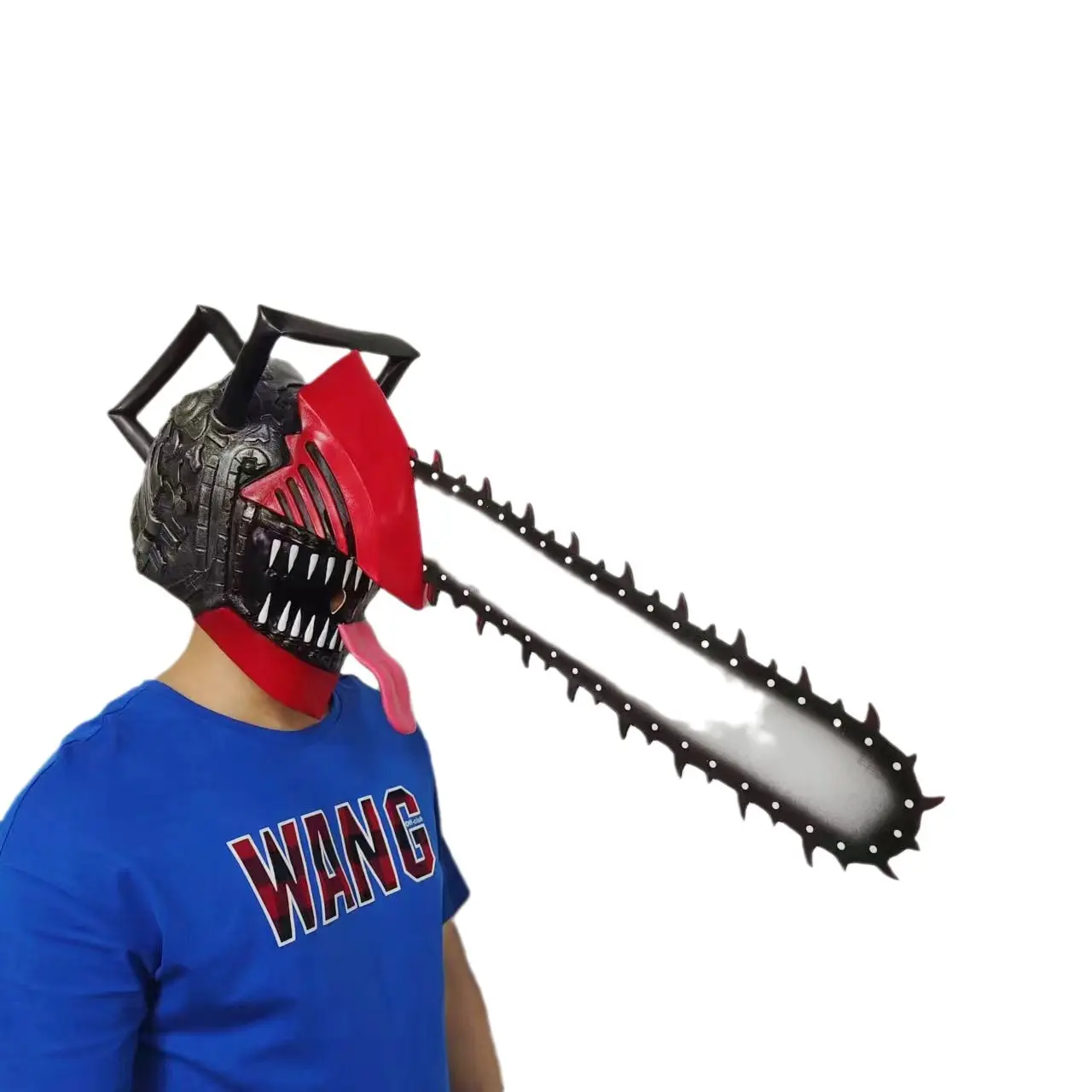 Chainsaw Man Latex Cosplay Mask - Scary, Lightweight, Comfortable Oversized Face Covering with Wild Tongue, Chainsaw Hands, Durable 90x15 cm Head, Christmas Halloween Horror Party Prop Accessory for Most Adults (Multiple Styles)