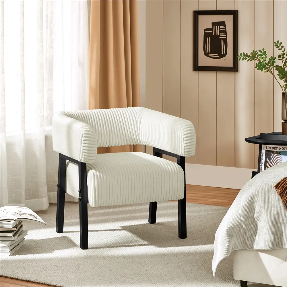 Yaheetech Comfy Corduroy Barrel Chair - Modern Upholstered Armchair with Foam & Pocket Coiled Seat, Solid Wood Legs, 27.5in W × 26in D × 27.5in H for Living Room, Bedroom Reading