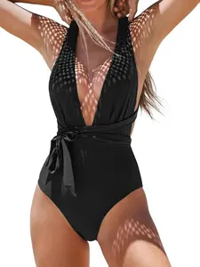 CUPSHE Women's Black Deep V Neck One Piece Swimsuit with Self-tie Straps & Removable Pads for Tropical Vacations & Summer Beachwear