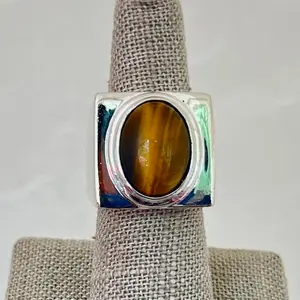 Sterling Silver Tigers Eye Cabochon Modernist Style Dome Ring