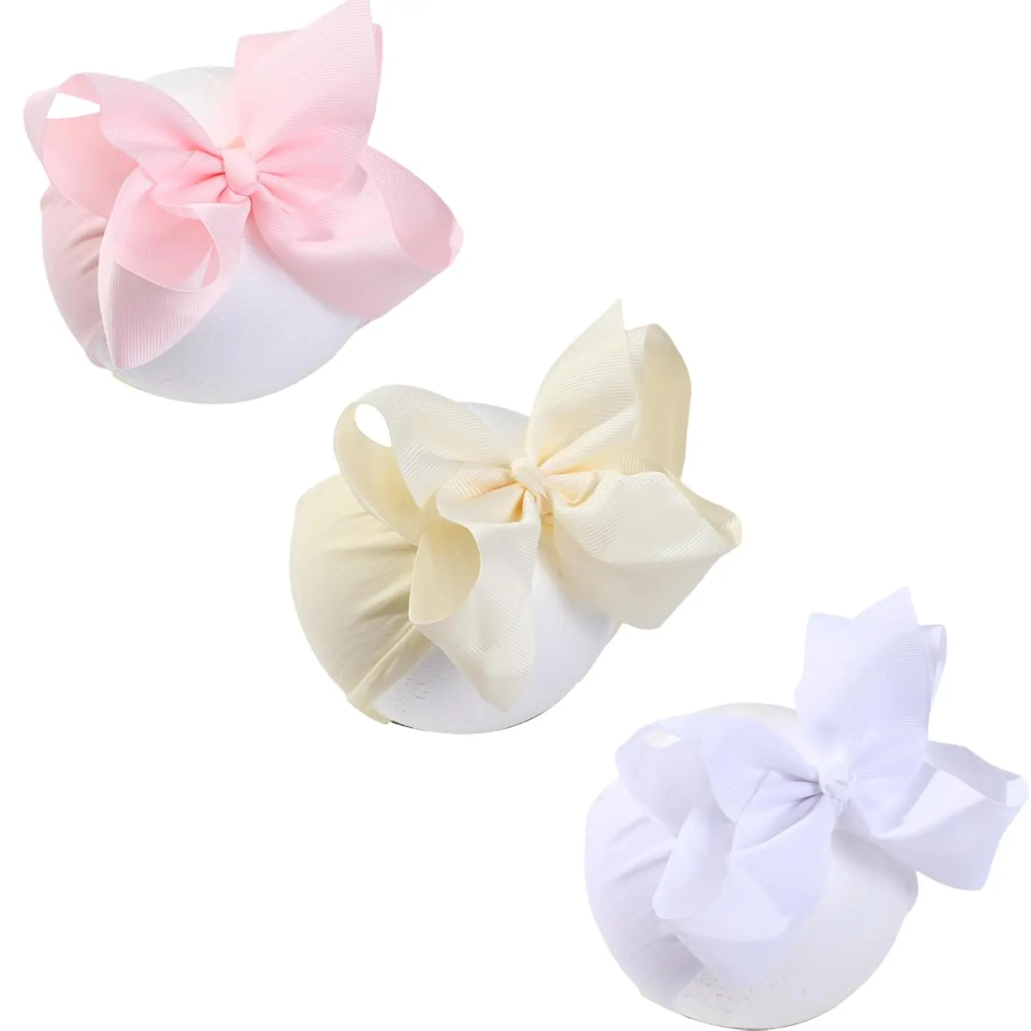 L-HDW140 6 Inch Baby Girls Headband Bows, Soft Nylon Hairbands Cute Big Bow Super Elastic Headband for Baby Girls Newborn Infant Toddlers (Beige Pink White, Large)