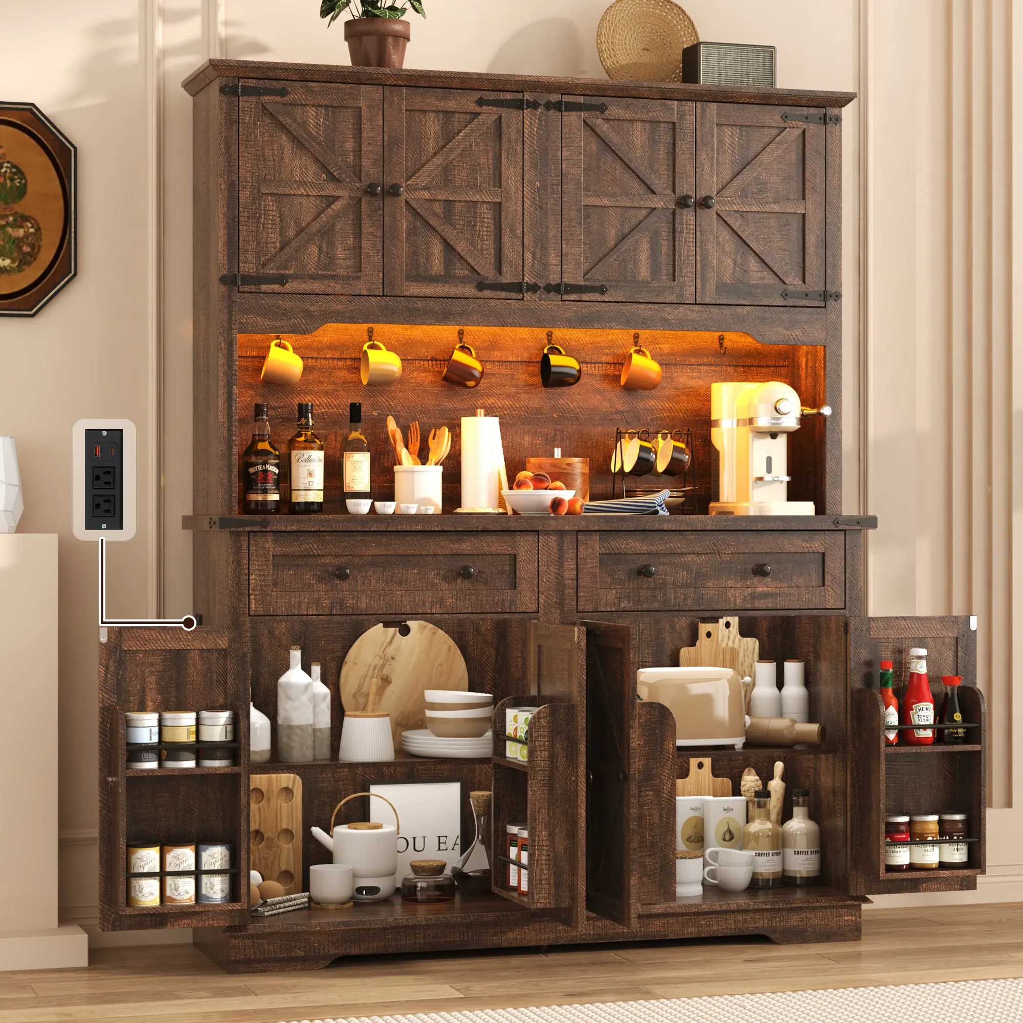 55" Farmhouse Storage Cabinet with Hutch 71" Tall Kitchen Storage Cabinet with Power Outlet Adjustable Shelves and Drawers