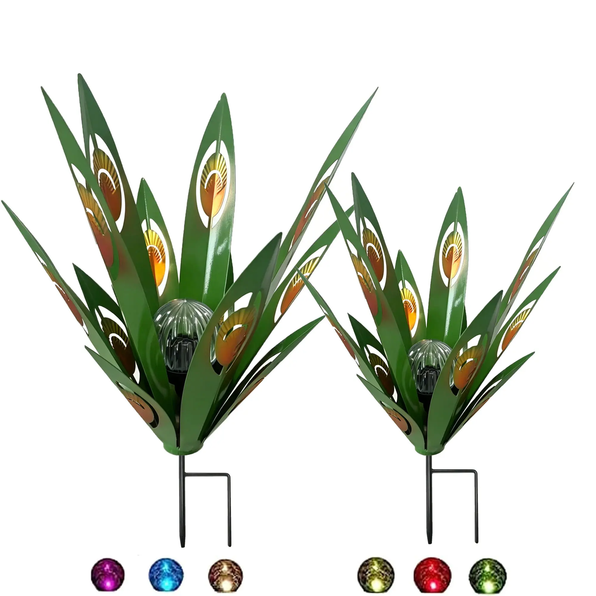 2-Piece Metal Solar Peacock Feather Automatic LED Lights, Outdoor Water Resistant Eco-Friendly Garden Decor, Auto On/Off Outdoor Lighting, Ideal Gift Choice for Loved Ones Led