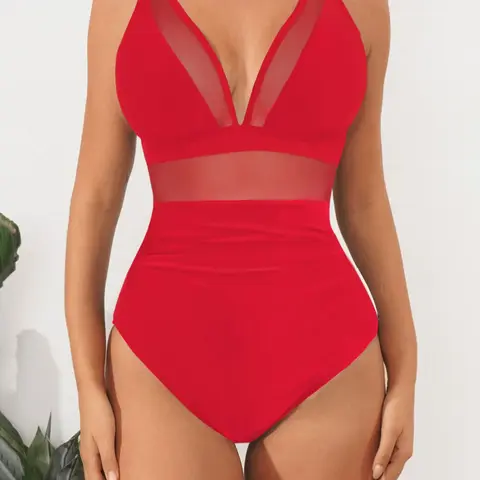 Women's Plain Contrast Mesh V Neck One-piece Swimsuit, Casual Sleeveless Swimwear for Summer, Solid Ruched Swimsuit, Mesh Swimsuit, Beach Fashion Swimsuit