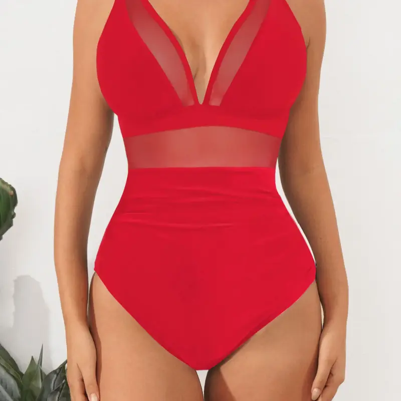 Women's Plain Contrast Mesh V Neck One-piece Swimsuit, Casual Sleeveless Swimwear for Summer, Solid Ruched Swimsuit, Mesh Swimsuit, Beach Fashion Swimsuit