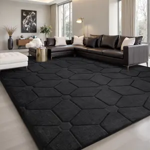 Large Size Jacquard Plush Rug, Big Fluffy 3D patterned Area Rug, Non-slip Soft Shaggy Carpet Mats for Livingroom Bedroom Nursery Home Decor Black