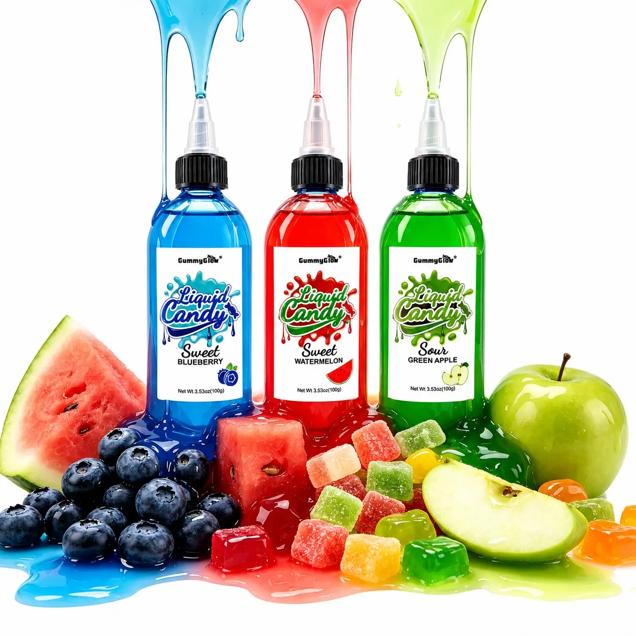 Brand New!! 3-Pack GummyGlow Twist & Squeeze Sour Liquid Candy, 3.53oz Each – Green Apple, Watermelon & Blueberry, Stretchy Gel Topping for Ice Cream, Pancakes & Beyond, Viral Snack for Playful Texture