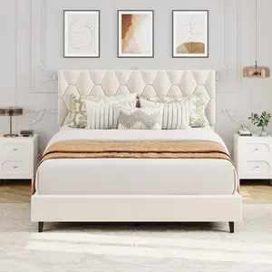 Queen Size Platform Bed Frame with Upholstered Headboard and Wooden Slats Support, Upholstered Mattress Foundation/No Box Spring Needed/Easy Assembly, Beige