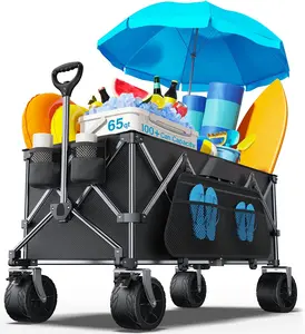 Collapsible Folding Wagon, 440LBS Heavy Duty Wagons Carts Foldable with Side Pocket and Brakes, 66 Gallon Large Capacity Foldable Wagon