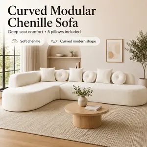 122 Inch Curved Modular Sectional Sofa, Upholstered Chenille L-Shaped Boneless Couch with Deep Seat, 5 Pillows, No Assembly Sofa for Living Room Apartment