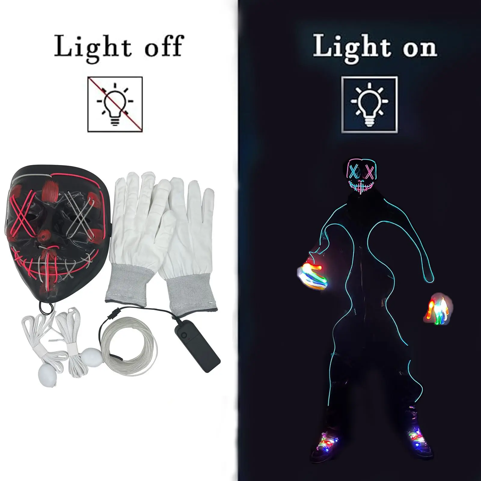 Halloween LED Mask Set - LED Gloves, Neon Glow Shoelaces, PVC-EL Fluorescent Light Accessories for Dance Performance, Matchstick Man Costume Supplies