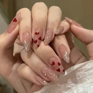 24pcs Medium Almond French Tip Nail Set, Nude Press-On Nails with Heart Design, Rhinestones, Glitter Decorative Nails, Glossy Fake Nails, Valentine's Day Gift for Women