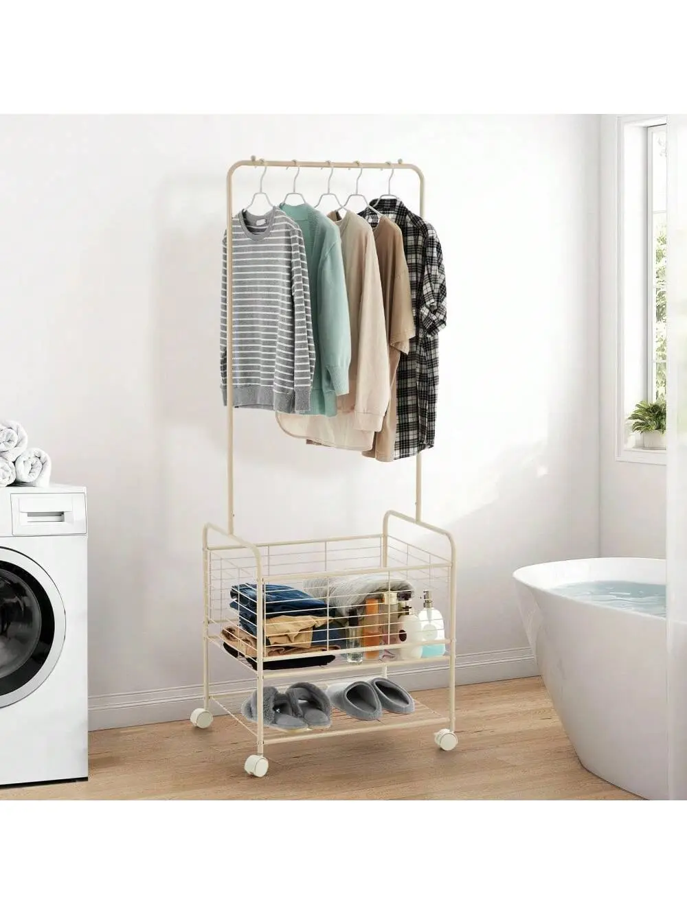 Laundry Cart With Wheels, Rolling Hamper Sorter Cart With Shelf, Laundry Basket With Hanging Rack, Laundry Organizer