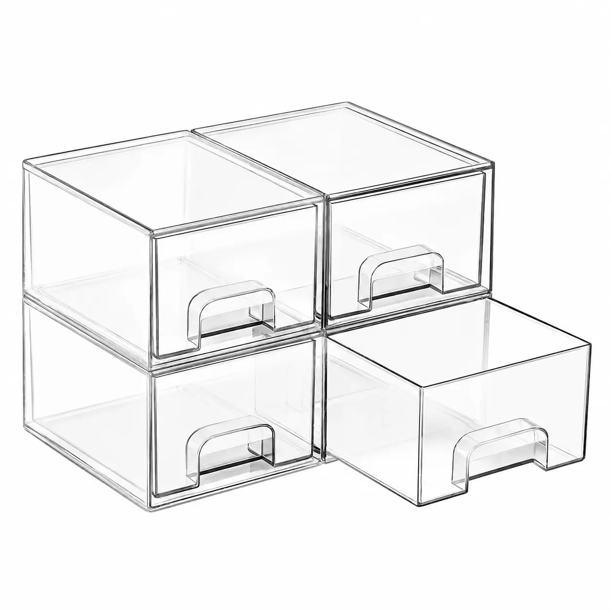 4 Pack Clear Stackable Storage Boxes with Drawers – Stacking Drawer Bins for Makeup, Jewelry, Office, Bathroom, Dustproof & Easy Clean