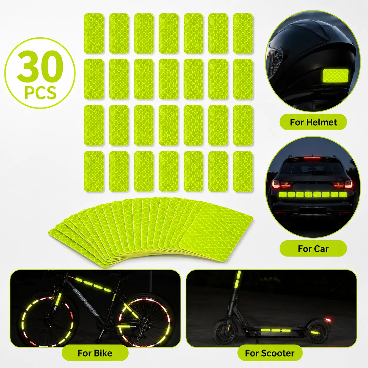 30-Piece Universal Car & Motorcycle Reflective Safety Stickers, Enhanced Visibility, Durable Design, Ideal for Night Driving