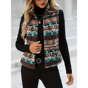 Elegant Sleeveless Warm Aztec Pattern Zip Up Teddy Vest Jacket for Winter & Fall, Women's Clothing