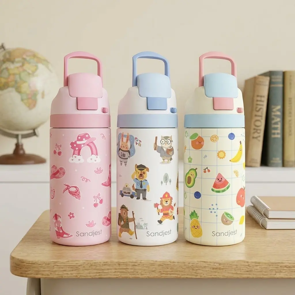 SANDJEST 16oz Push-button Lid Water Bottle Cute for Kids, Stainless Steel 100% Leak-Proof, Hot Cold Daily Hydration, Portable for Back to School Travel Camp, Christmas Birthday Gift