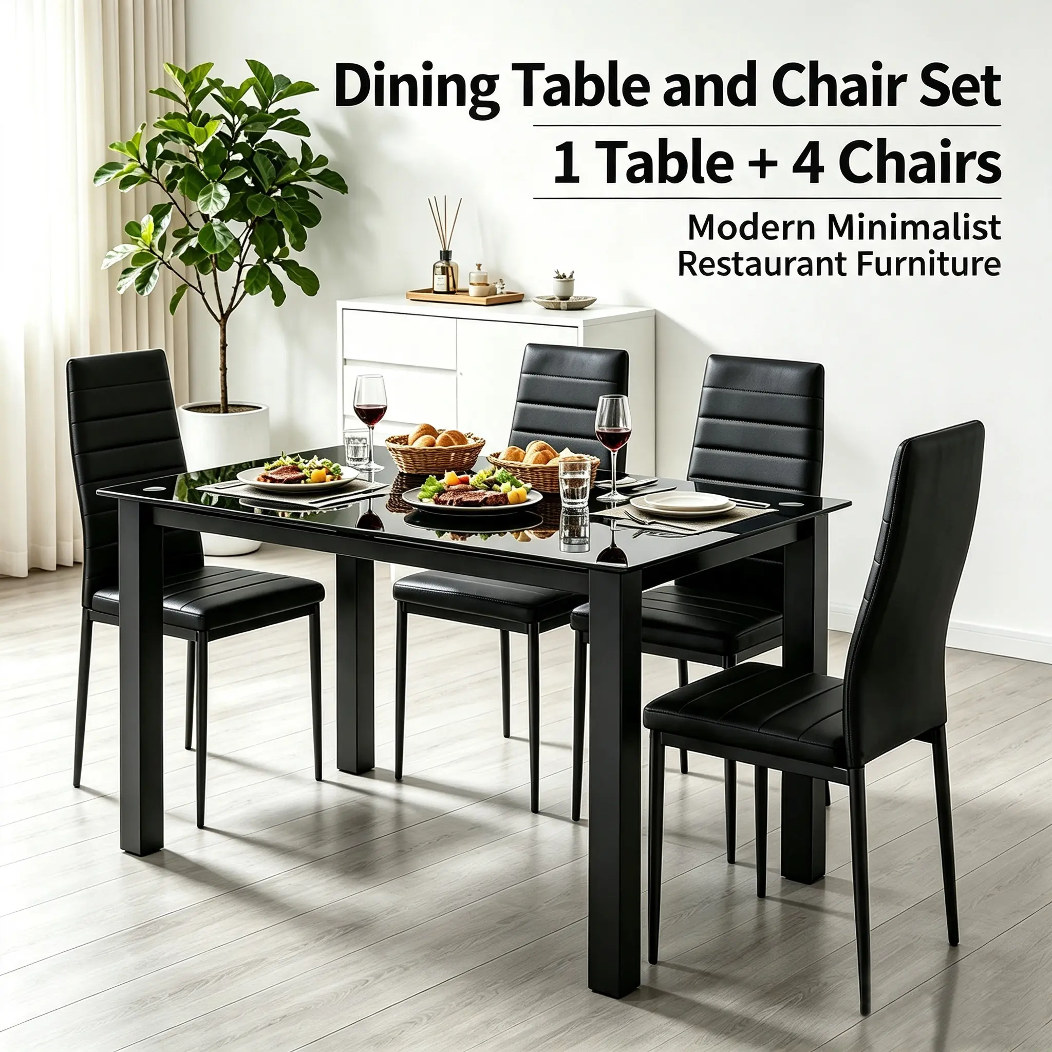 5-Piece Glass Dining Table Set with 4 PU Chairs, Modern Kitchen Table & Chairs for Dining Room Living Room, Easy-Clean Black Furniture