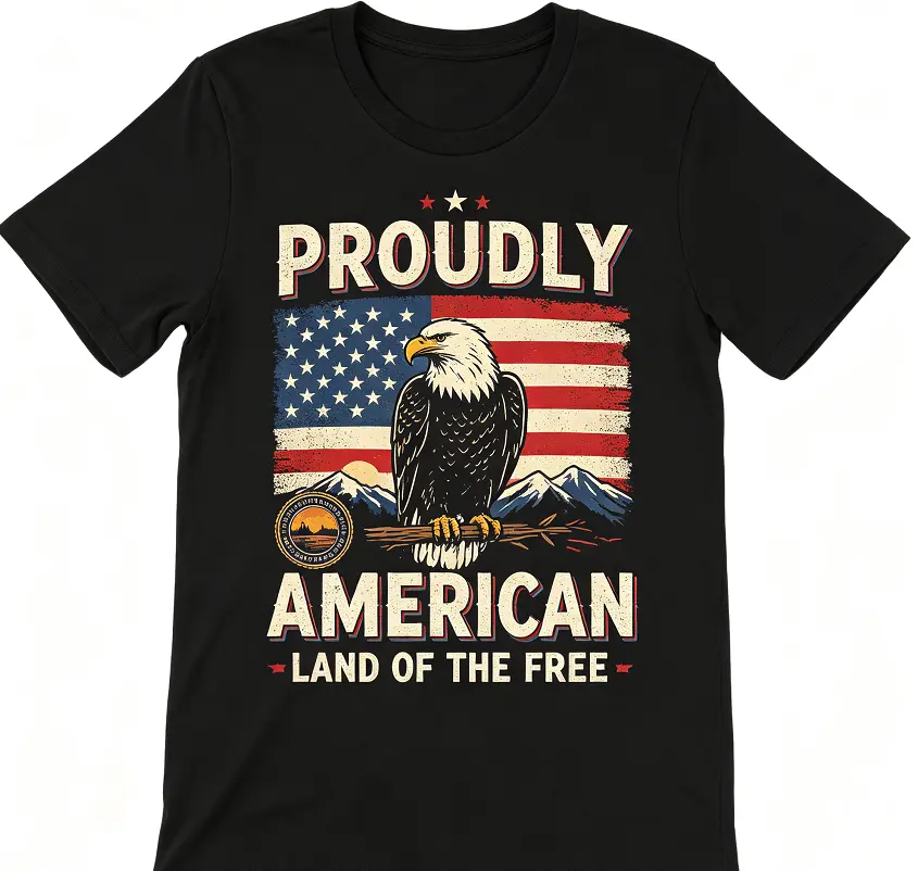 Proudly American Graphic T-Shirt, Vintage Patriotic Womens Black Tee