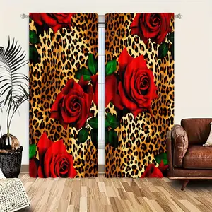 2 Piece Leopard Rose Print Curtains, Room Decor Curtain, Semi-Transparent Polyester Fabric, Rod Pocket Design, Suitable for Bedroom Living Room Dining Kitchen, Window Curtain