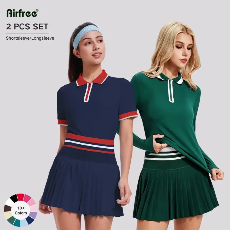 Women's Athletic Gear 2-Piece Set, Colorblock Nylon Short/Long Sleeve Polo & High-Waisted Zipper Fly Tennis Skirt for Golf, Everyday Activewear, Tennis Attire, 2 Piece Sets