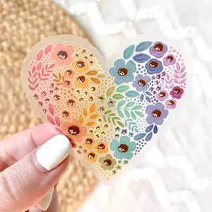 Clear Pride Rainbow Heart Waterproof Vinyl Sticker, 3x2.5"