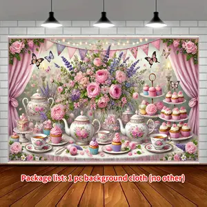 Floral Tea Party Backdrop Banner, 8x6 Feet and Design with Butterflies and Teapots, Durable Polyester, Ideal for Weddings and Celebrations