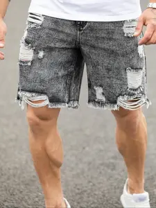 Men's Solid Color Ripped Denim Cut Off Shorts, Loose Casual Fashion Comfy Jeans Shorts for Daily Outdoor Wear, Mens Bottoms for Summer