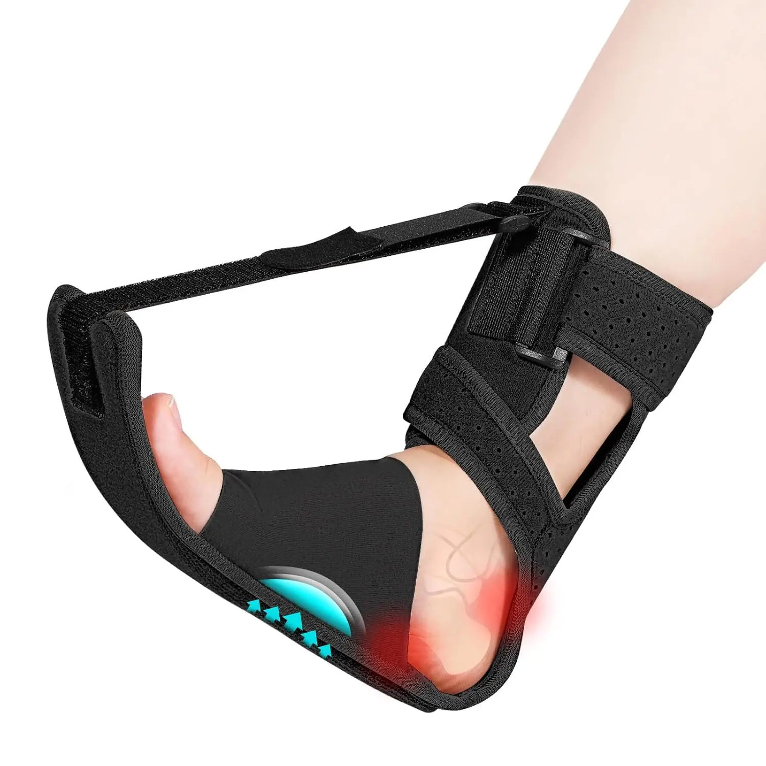 Healthcare Upgraded Plantar Fasciitis Night Splint - Polyester Stretch Fabric, Adjustable Single Strap, Arch Cushion Foot Brace for US Size 4-9 Achilles Tendonitis & Heel Spur Pain Relief (Black)