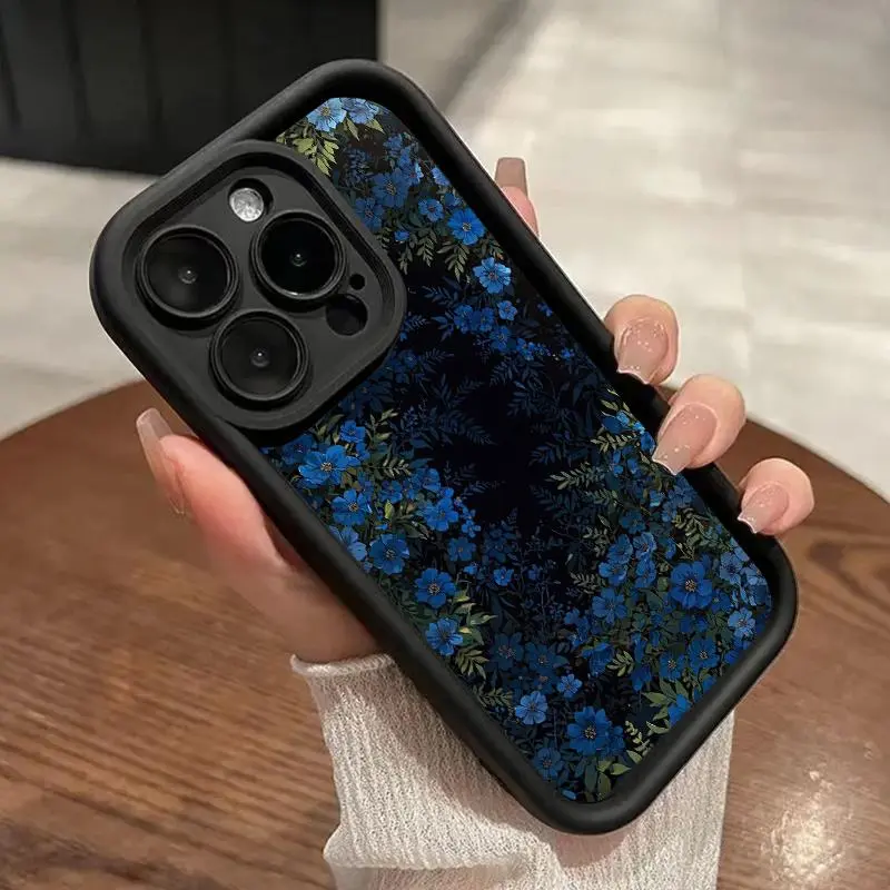 Protective Soft Silicone Smartphone Case for iPhone 11/12/13/14/15/16/17 Pro, ProMax, Plus, Air - Drop-Protection, Shockproof Mobile Phone Accessory with Blue Flower Design