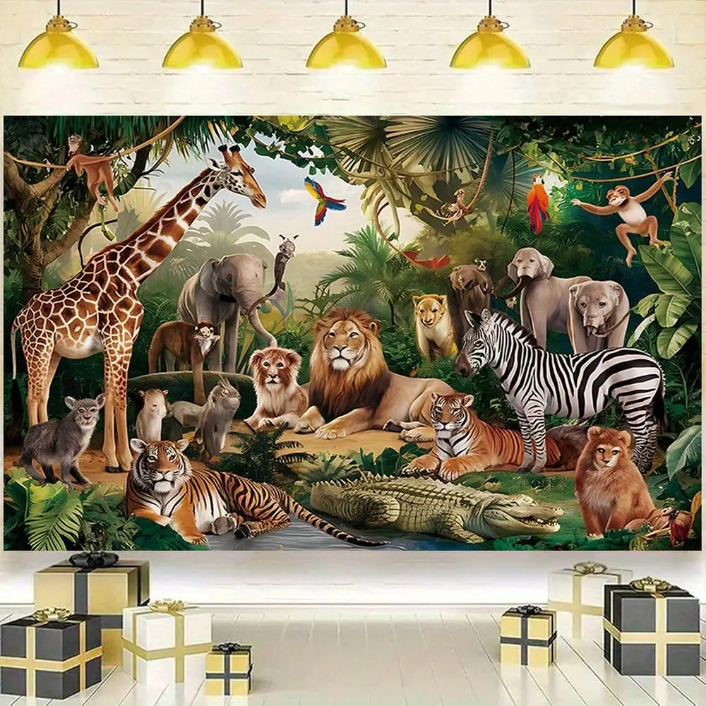 1pc Jungle Themed Party Banner - 90.5x70.8in Durable Polyester Decor, Vibrant Wildlife & Dense Forest Backdrop with Lions-Tigers-Giraffes-Zebras - Indoor-Outdoor Wedding-Birthday Use