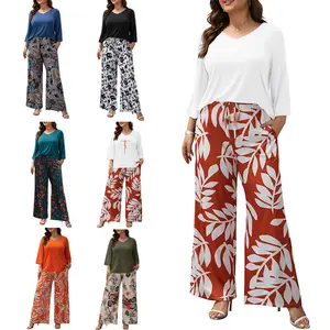 [1X-5X]AUCICCOO Women's Plus Size 2 Piece Outfits 3/4 Sleeve Tunic Top Floral Print Belted Wide Leg Pant Sets Travel Lounge Set