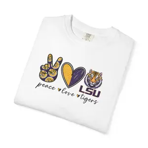 Peace Love Football Graphic Tee, Retro LSU Inspired Shirt, Tiger Stripe Heart Football Shirt for Women
