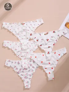 5 Pack Women's Ruffle Trim Floral Print Comfort Thongs, Soft Fabric for Everyday Wear, Stylish Women's Underwear, Fashion Panties