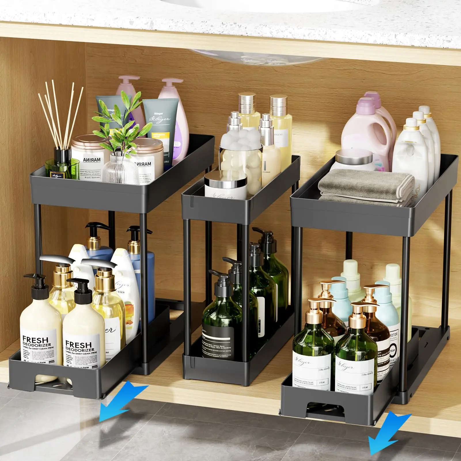 3 Pack Pull Out Kitchen Bathroom Cabinet Organizer, 2-Tier Slide Out Spice Bottle Holder, Slide Out Storage Rack, Under Sink Organizers and Storage, Space Saving Slide Out Countertop Storage Shelf, Tiny Kitchen Rental House Baking Storage, 4th Of July