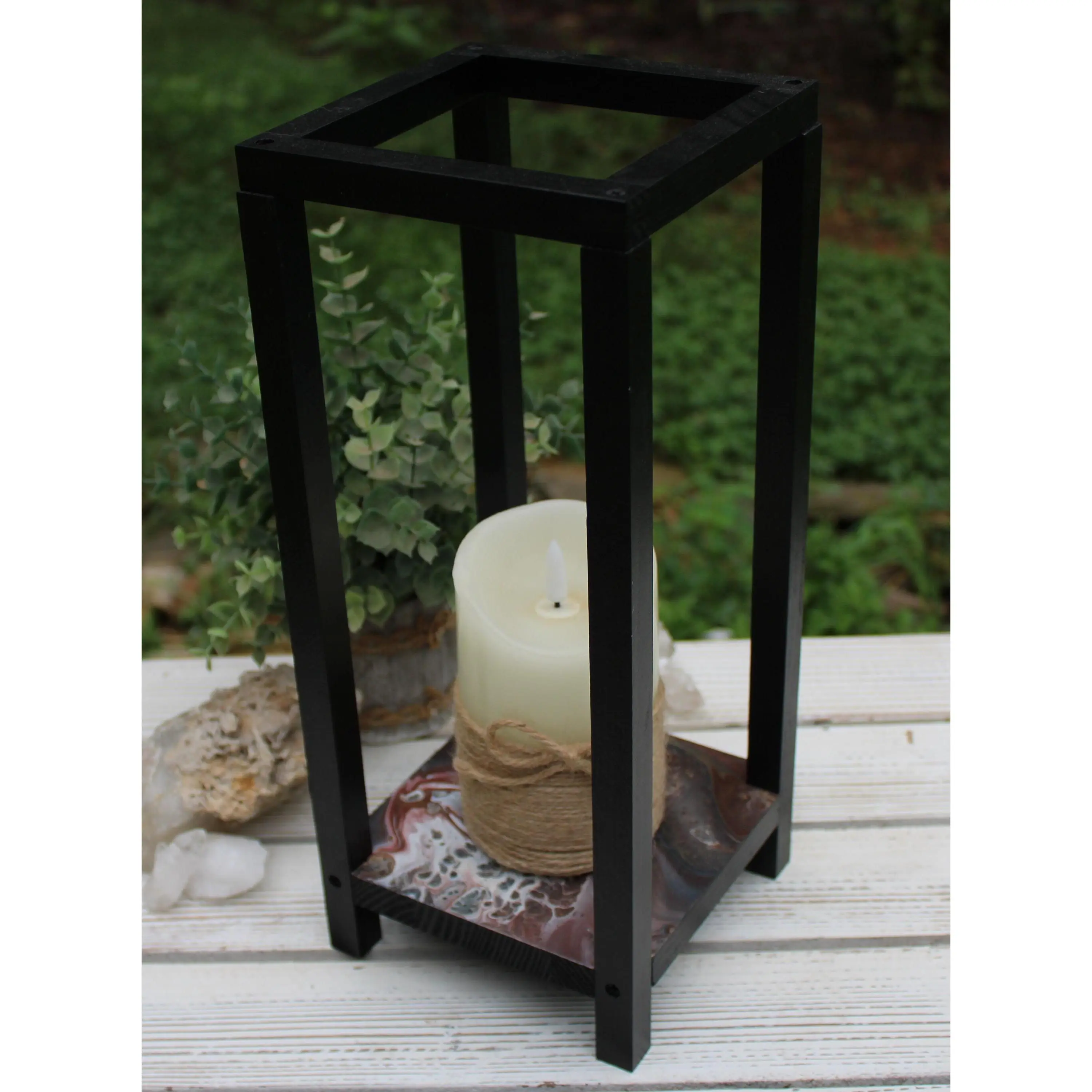 Candle Holder Hand Painted , Lantern Wood with Acrylic Paint 13" x 5" x 5"