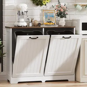 【Does Not Include Trash Can】Spurgehom Dog Proof Trash Can Cabinet for 2 Bins, Tilt Out Hidden Garbage Can Cabinet, Wooden Recycle Cabinet for Kitchen Laundry Room Bathroom Living Room