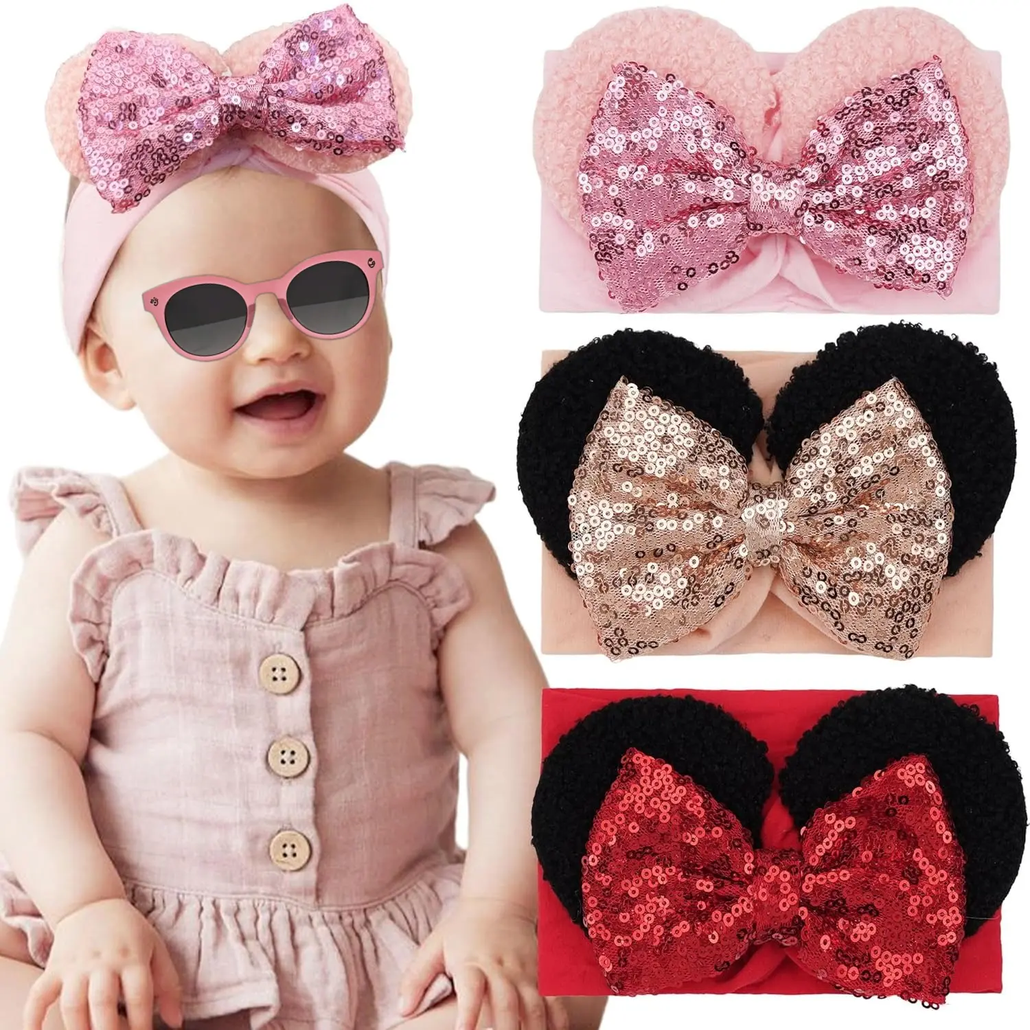 L-HDW004 Toddler & Kids Sequin Bow Mouse Ears Headbands (3PCS) - 4.5in Wide Nylon Turban, Theme Park & Party Supplies, Perfect Gift for Photos, Toddlers, Parties, Elastic Band, Christmas Parties