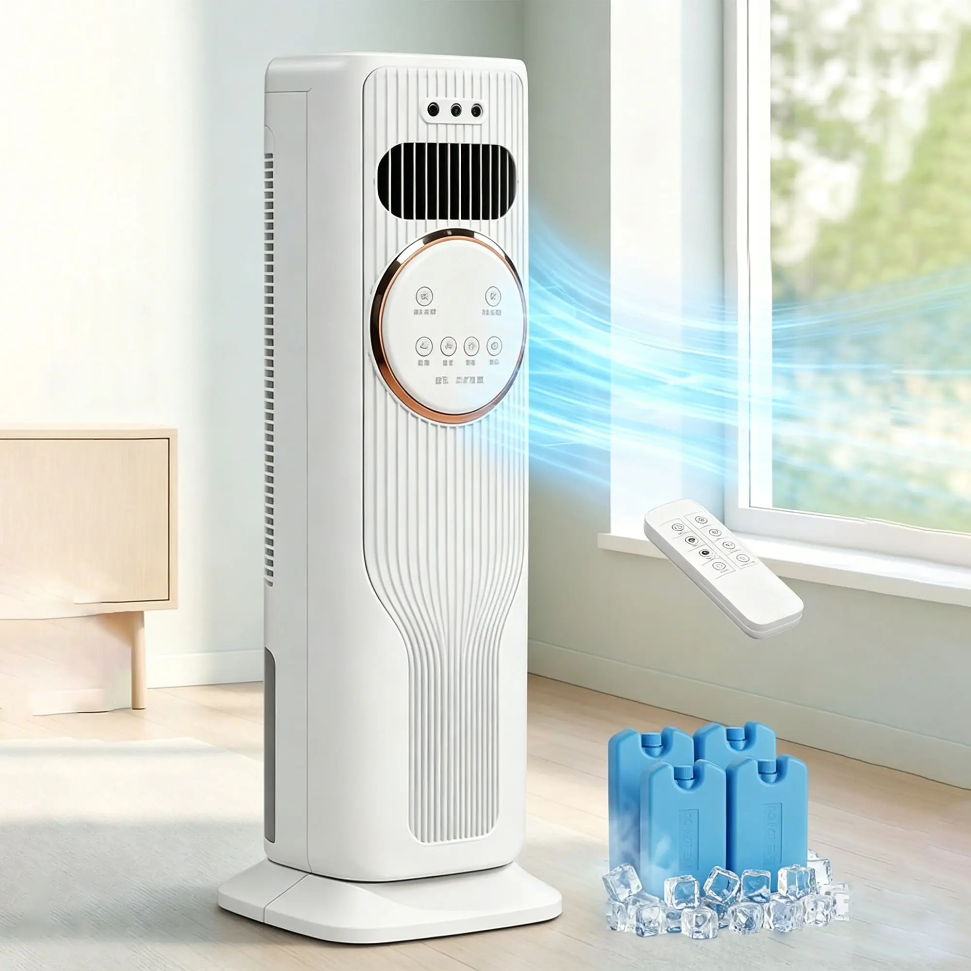 Premium Portable Evaporative Tower Air Cooler - 120° Wide Oscillation, 3 Speed Modes, Ice Cooling Design, Remote Control, Ultra Quiet High-Efficiency Circulation, Energy-Saving Bedroom Cooling Device for Indoor Home & Office, Cooling Fan Bedroom