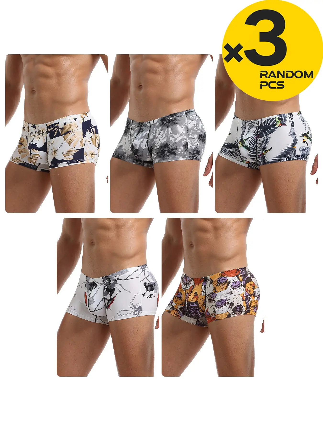 Men's Full-Print Briefs Set, Breathable Cool Comfort Fabric, Shaping Fit, Gym Home Casual Sports Wear, Random Colors, 2/3/4 Pieces, Daily Casual Underwear, Casual Style Underwear, Printed Underwear, All Season Underwear