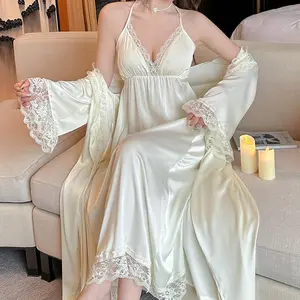 Sexy Robe Suit 2Pcs Nighty&robe Long Kimono Bathrobe Lady Satin Nightgown Long Palace Style Homewear Sleepwear Spaghetti Strap